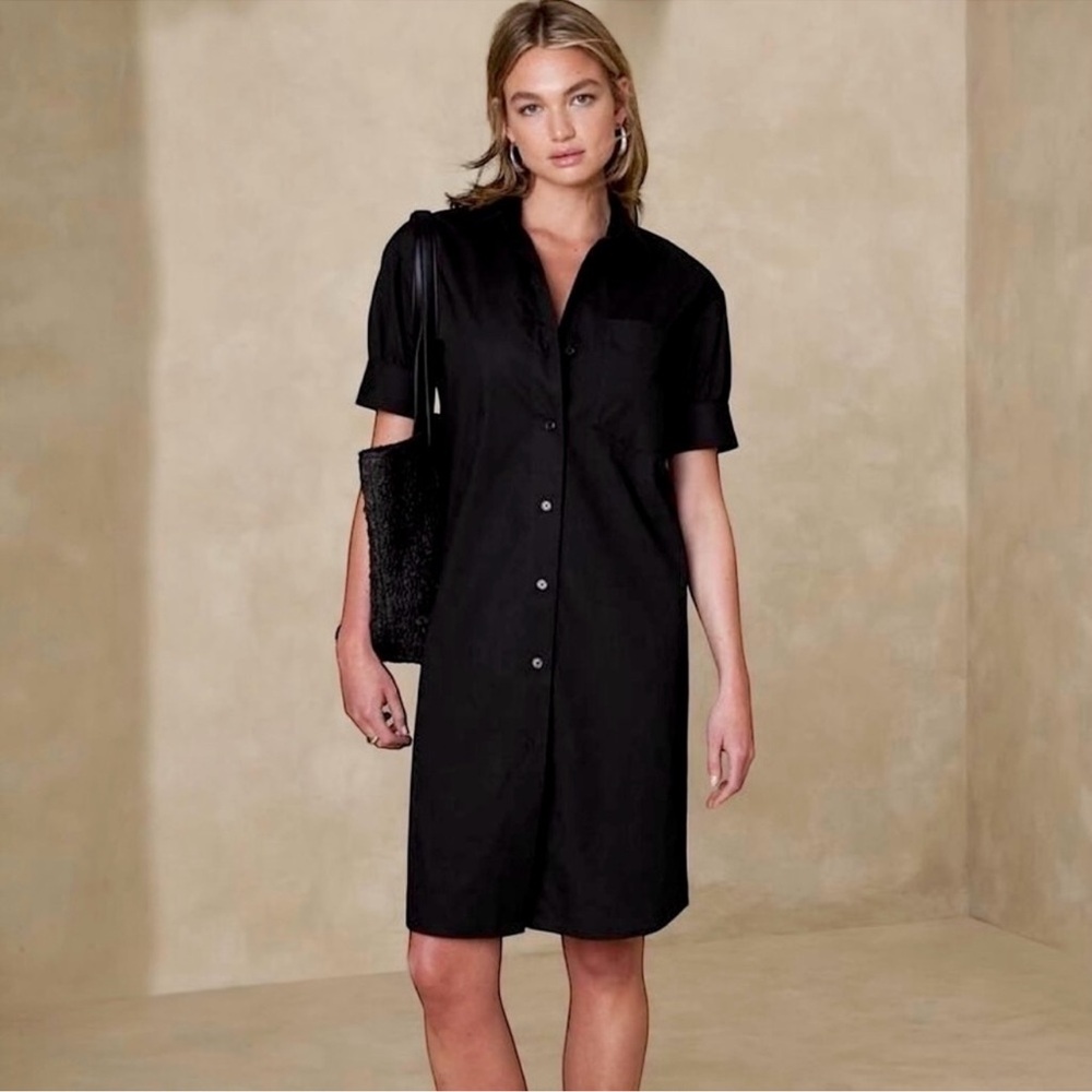 Banana Republic Factory Poplin Knee Length Shirtdress in Black Size Large Tall